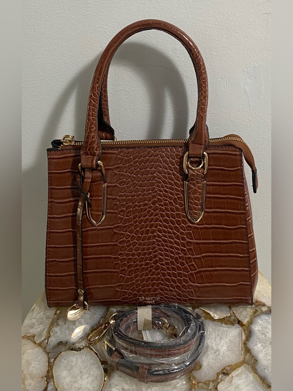 Dune London Brown Croc-Embossed Structured Shoulder Bag with Gold Hardware